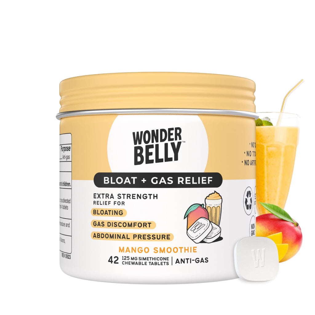 Wonderbelly Bloat + Gas Relief Extra Strength Chewable Tablets with 125 mg Simethicone No Talc or Dye Mango Smoothie 42 Count